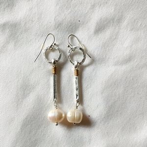 Hammered silver and pearl long earrings